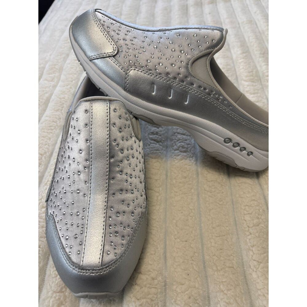Easy Spirit Silver Metallic Rhinestone Traveltime Slip-On Walking Mules Size 9W